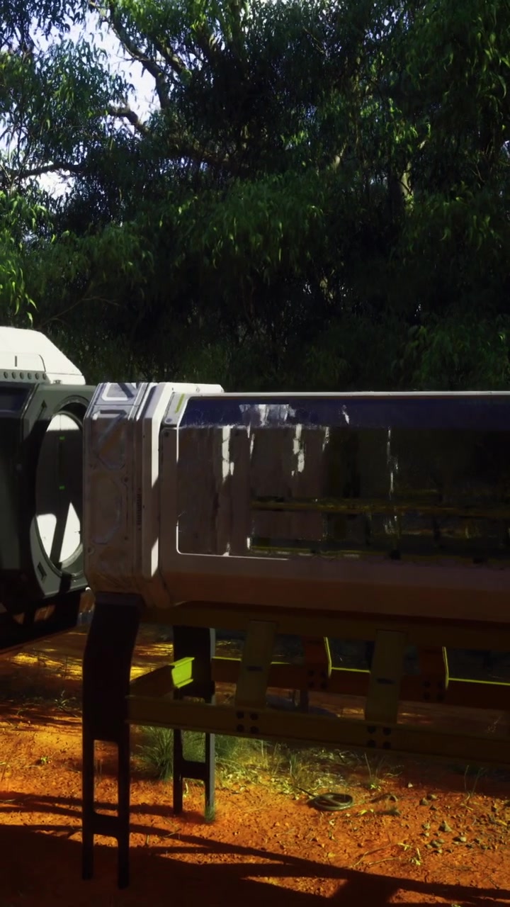 View of a futuristic pod structure in an outdoor setting near trees