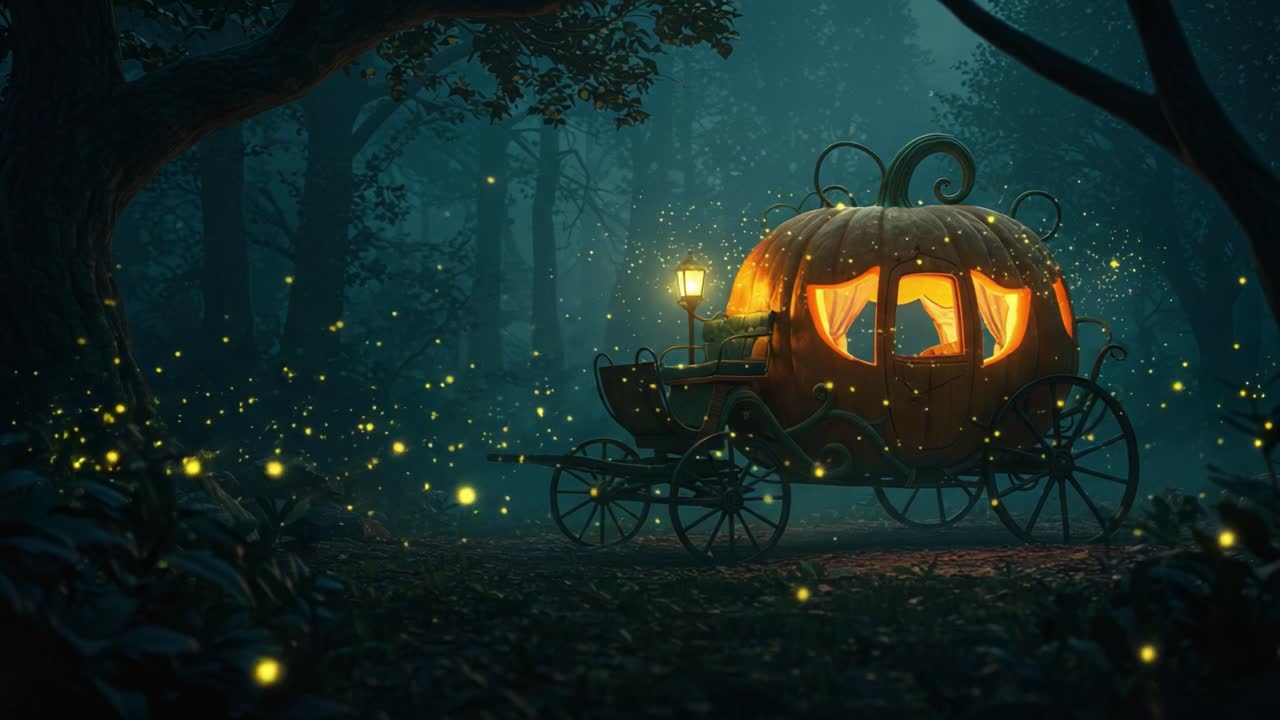 Enchanted Pumpkin Carriage Illuminated by Fireflies in a Mystical Forest Setting, Capturing the Magic of a Fairytale Night Scene