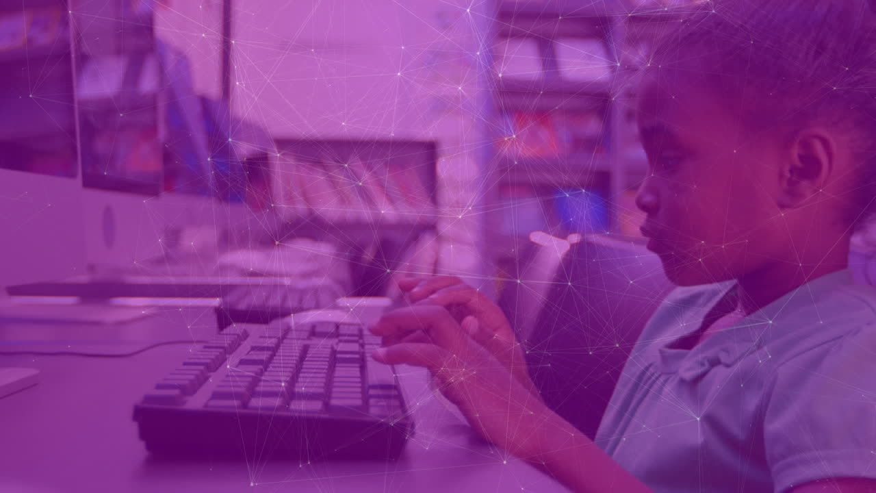 Animation of connected dots over african american girl looking at screen and tying on keyboard