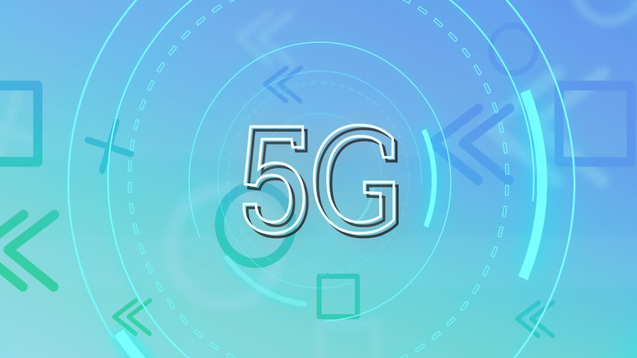 animación de texto de 5g sobre círculos giratorios y formas flotantes sobre fondo azul