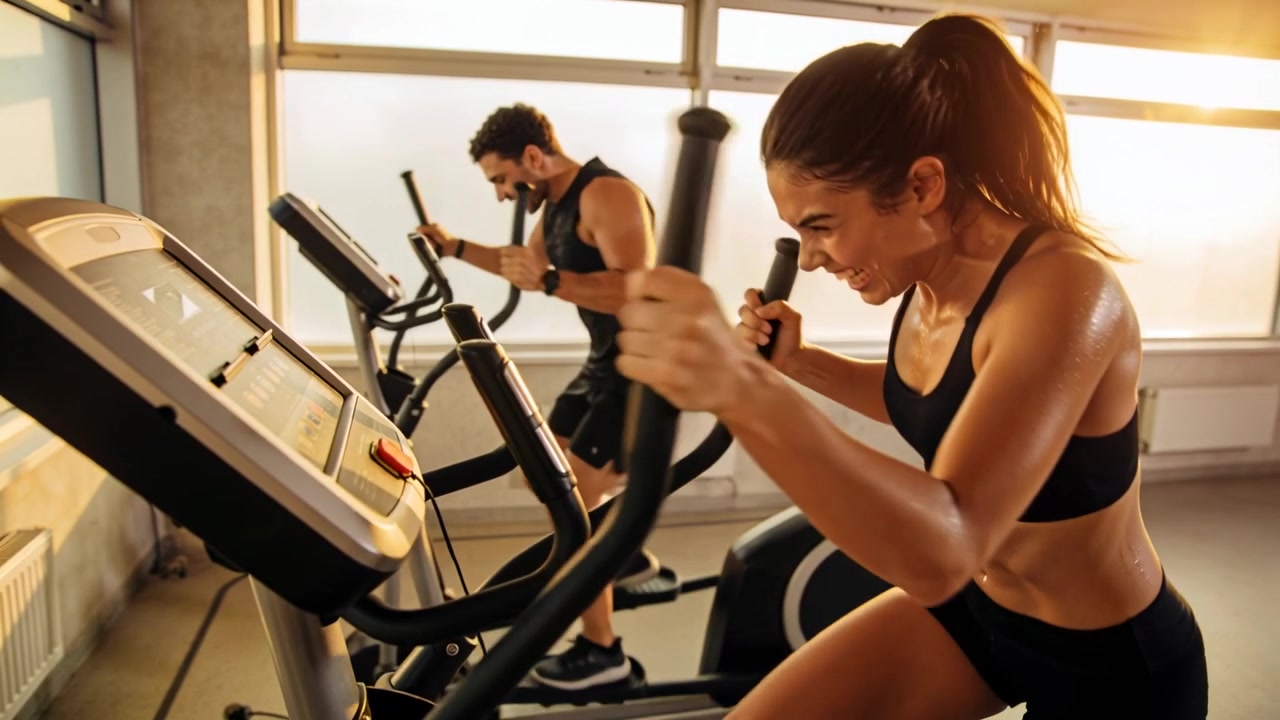 Donna che afferra le maniglie e si allena sull'ellittica in palestra per il cardio, con indosso abbigliamento sportivo nero, con spazio per il testo.