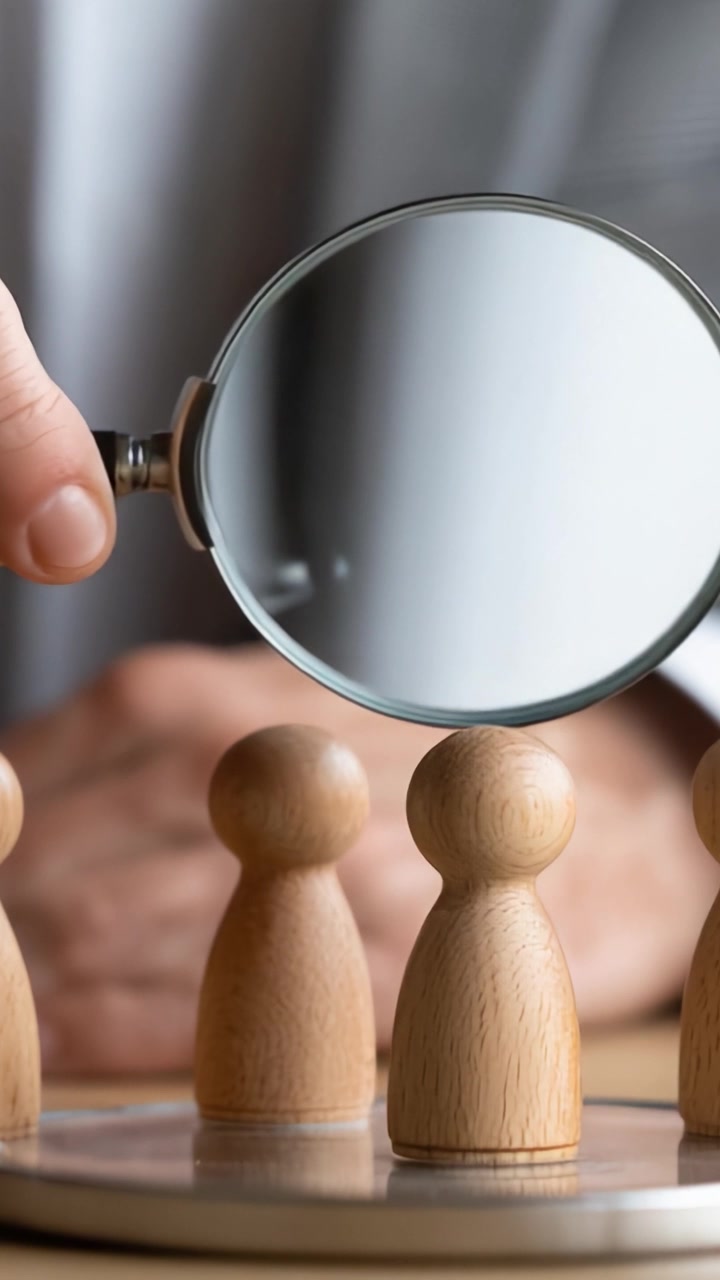 Una vista ravvicinata di statuette di legno sotto ispezione con una lente d'ingrandimento, che enfatizza l'attenzione ai dettagli e il processo di analisi in un ambiente professionale.