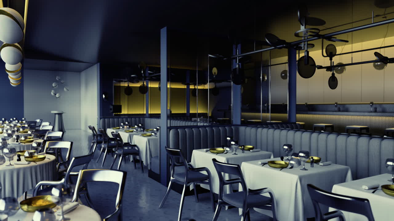 Modern dining area with elegant decor and intimate atmosphere in evening light