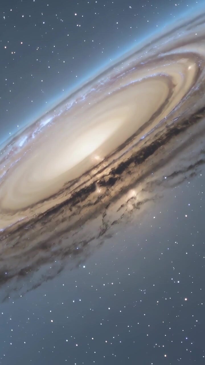 Vertical video: Camera tilting spiral galaxy rotating in space to reveal dust lanes and bright knot