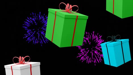 Animation-of-colourful-christmas-gifts-and-fireworks-exploding-on-black-background