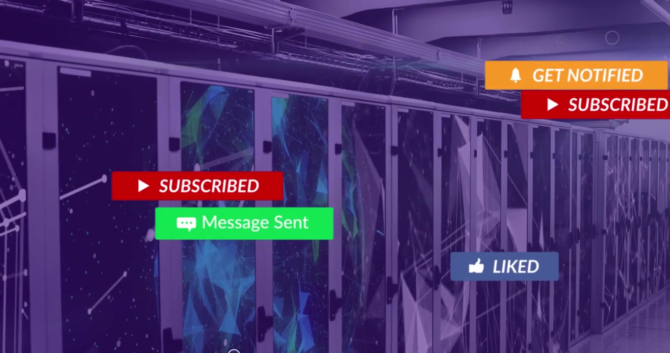 Icone di notifica dei social media che fluttuano su uno sfondo di sala server.