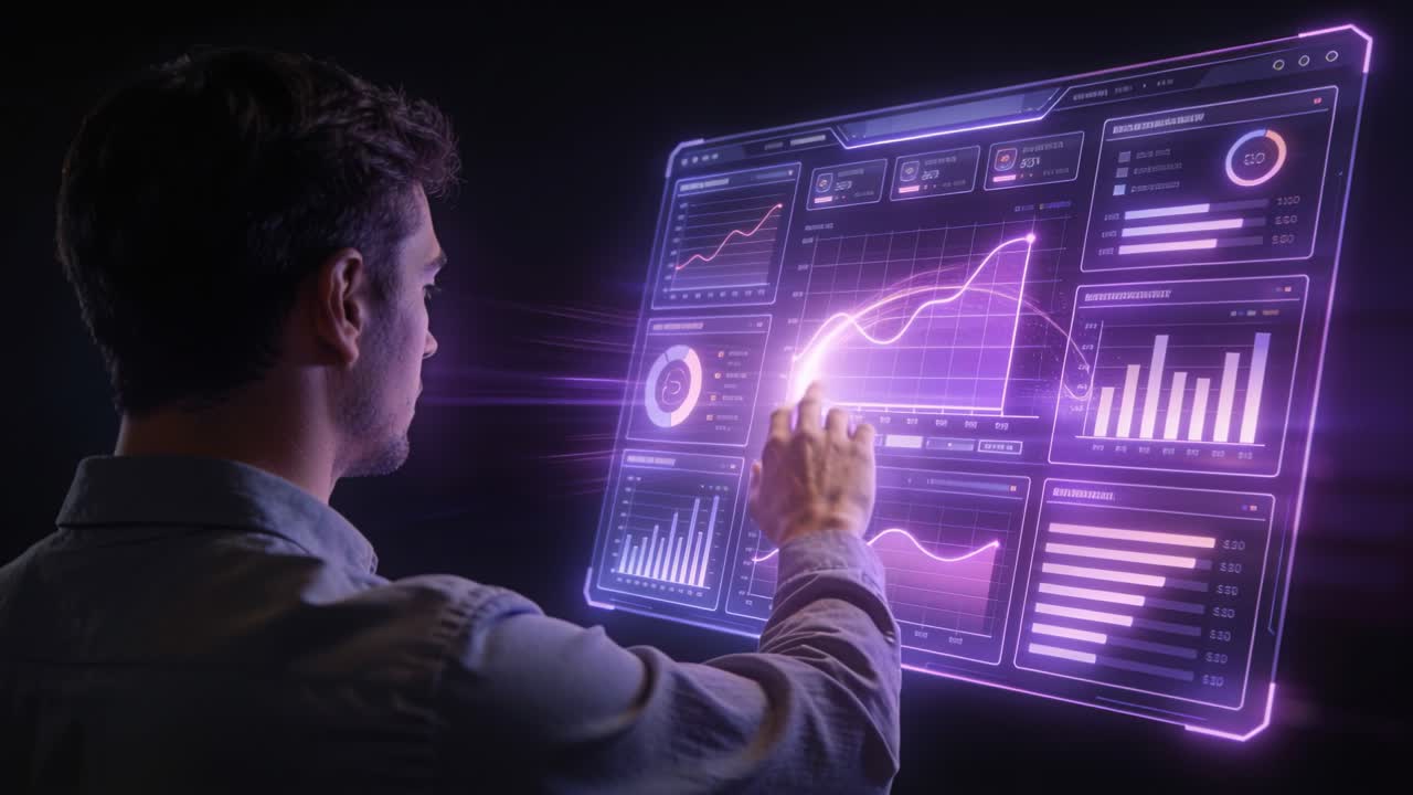 Reaching man shirt adjusting data on holo dashboard dark studio purple beam projecting, copy space