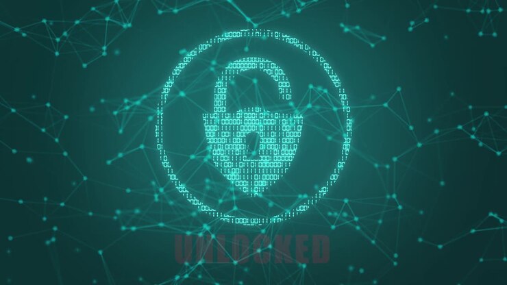 Grafica animata high-tech, con tema codice binario animato, con testo lampeggiante, che mostra un logo di sistema bloccato che si sblocca, su uno sfondo animato in stile plexus