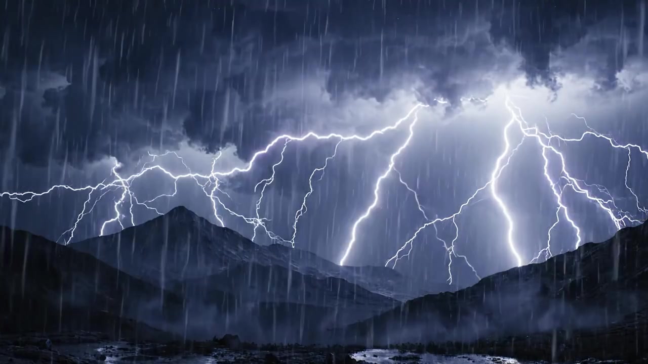 山々を覆う劇的な雷雨：暗く雰囲気のある風景に雨が降る中、自然の力と美しさの魅惑的な光景