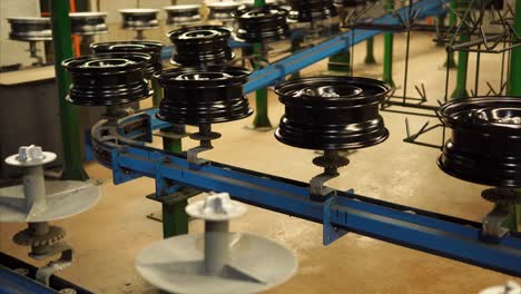 car wheel painting process on an assembly line