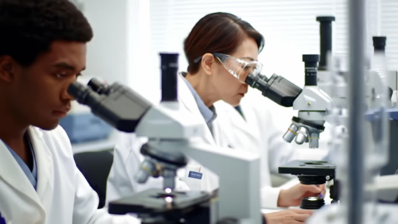 Scientists Engaged in Detailed Observation with Microscopes in a Modern Laboratory Setting, Focusing on Research and Discovery in Life Sciences