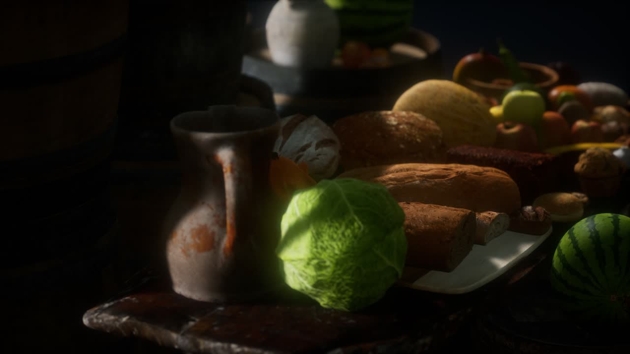 mesa de comida con barriles de vino y algunas frutas, verduras y pan