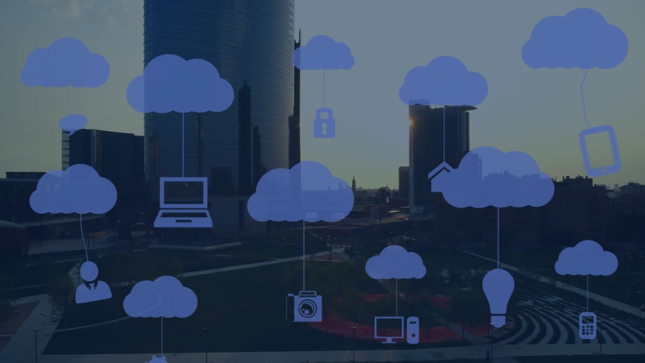 Animation of social media icons and numbers over cityscape