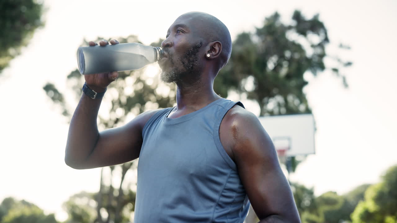 Man drinking water after exercise on a basketball court