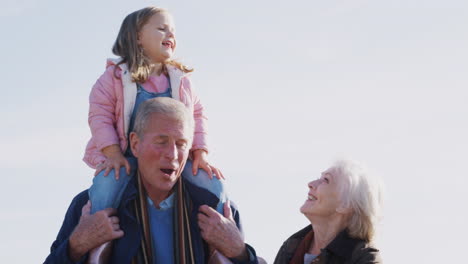 Abuelo-Dando-A-Su-Nieta-Un-Paseo-En-Hombros-Mientras-Caminan-Por-El-Campo-Con-Su-Abuela