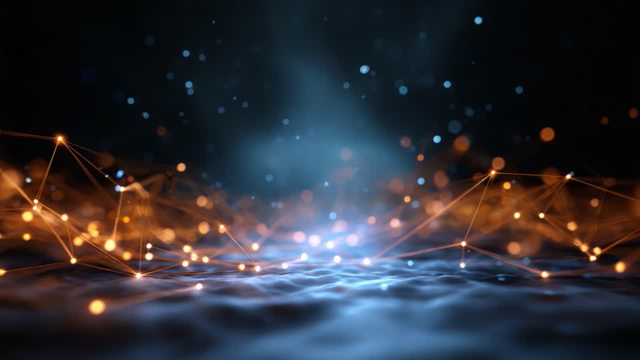 Visualizzazione sorprendente di connessioni illuminate con particelle luminose in una misteriosa atmosfera blu e arancione, che evoca profondità e dimensione