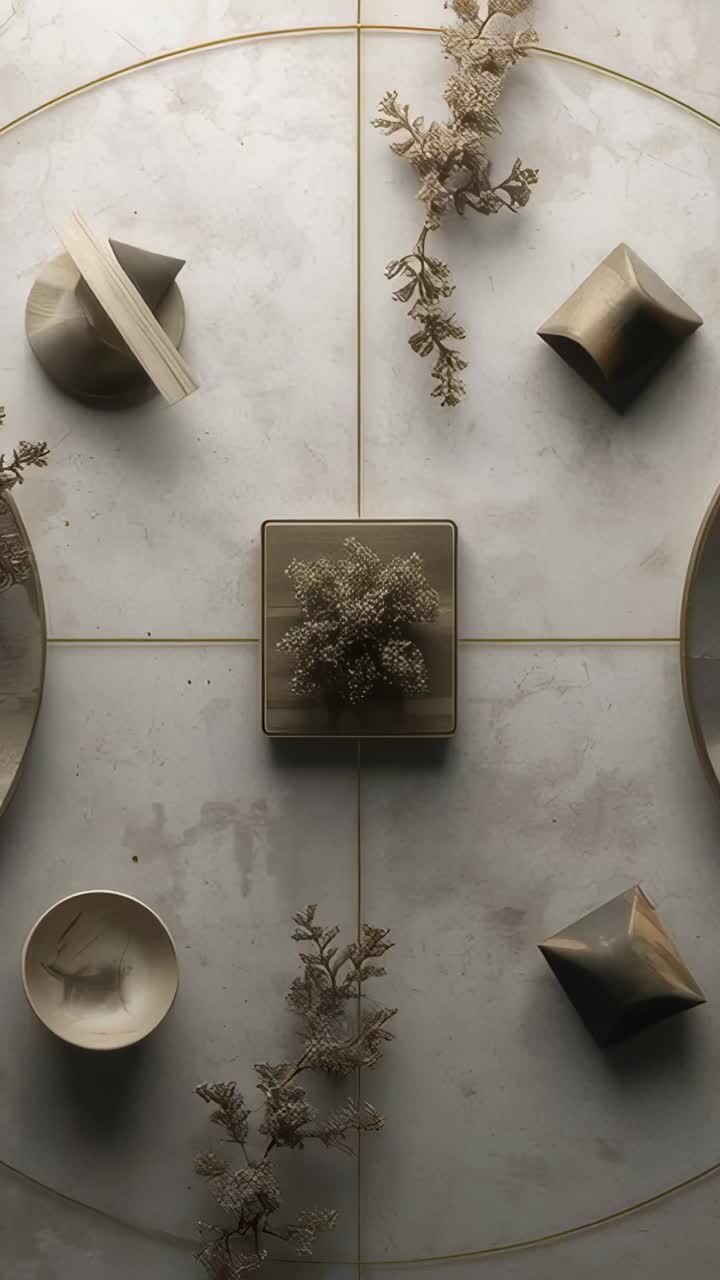 Vertical video: Panning camera showing center box with dried blooms on marble to show bronze pieces