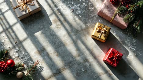 christmas gift boxes and decorations on a concrete surface