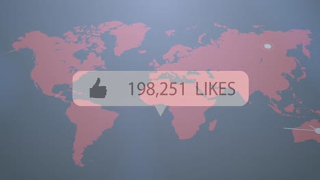 animation of thumbs up icon with increasing likes against network of connections over a world map