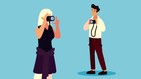 fotógrafos pareja de pie personajes animación