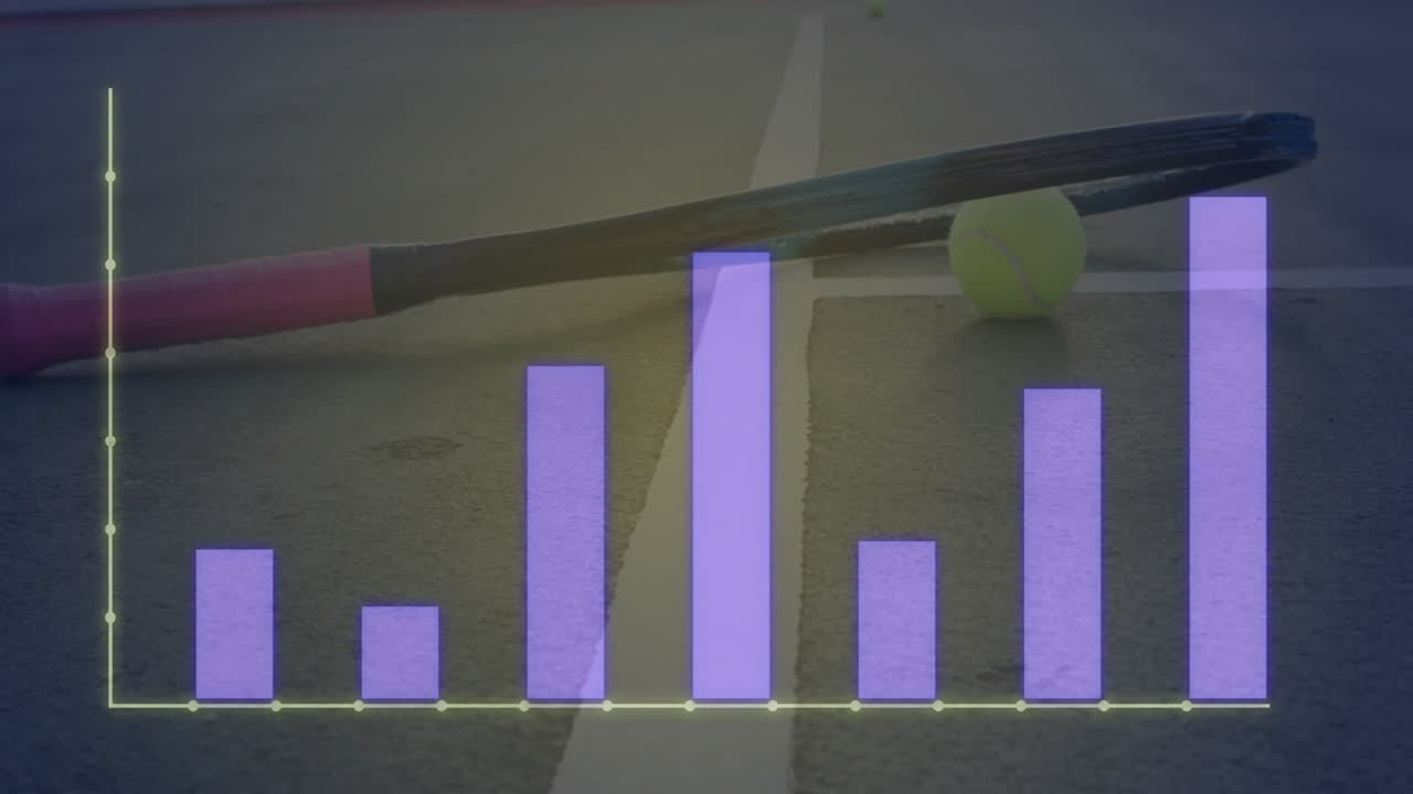 Tennis racket and ball being visualized on court with purple bar chart overlay and neon axes