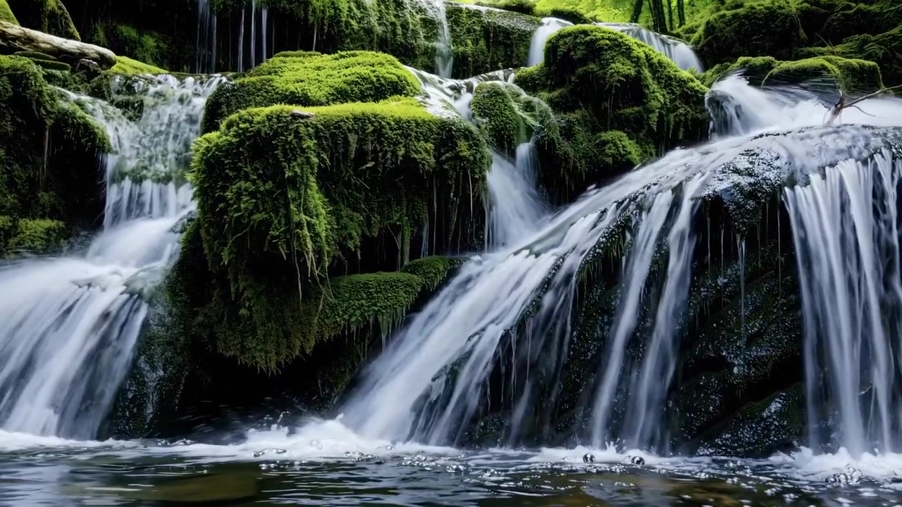 Cascading Waterfall Over Mossy Rocks in Lush Forest