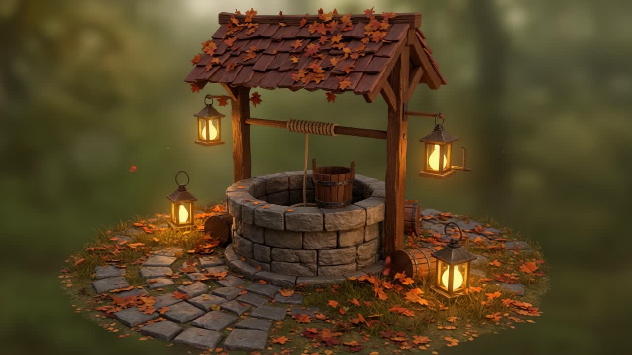 A Whimsical Autumn Scene Featuring a Rustic Well Surrounded by Colorful Leaves and Glowing Lanterns in a Tranquil Forest Setting