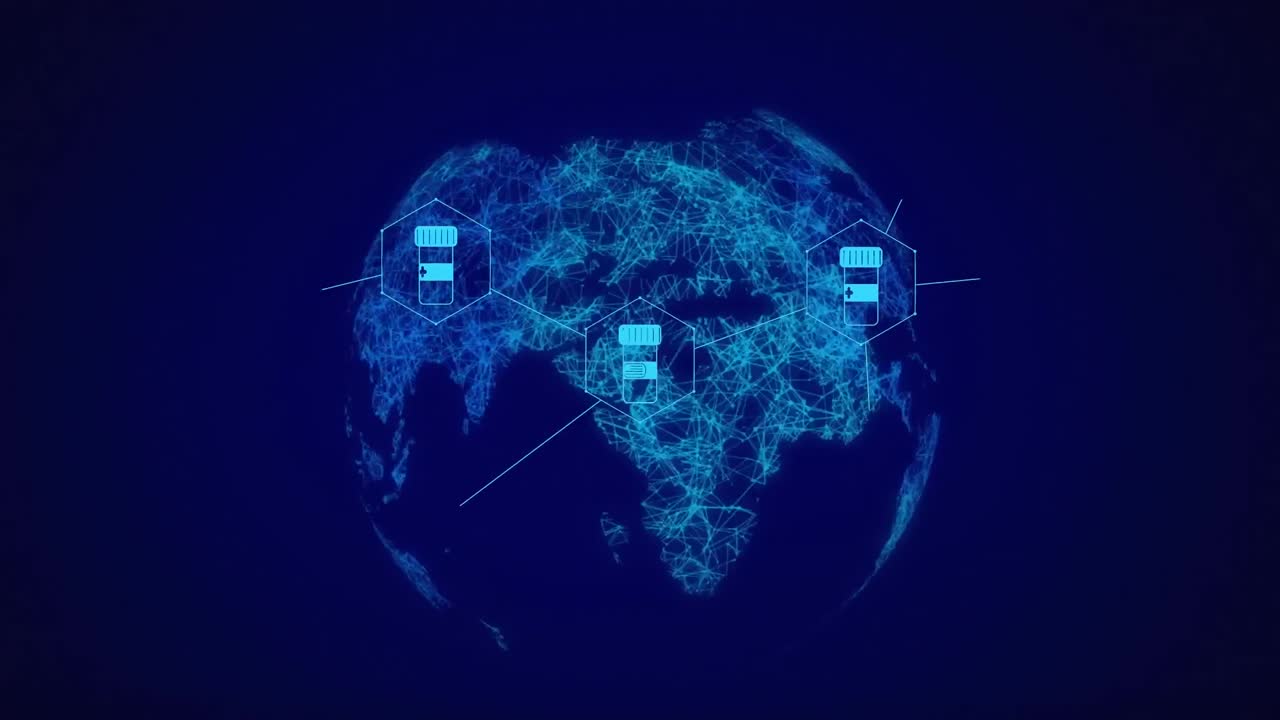 Animation of globe with medical icons and data processing on blue background