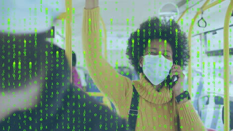 person wearing mask on phone with green digital code animation overlay