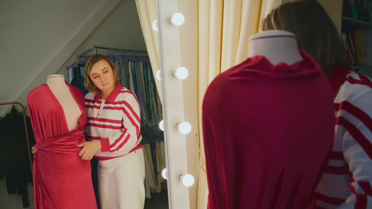 Young woman drapes vibrant red fabric over a mannequin. She adjusts the cloth with care, focusing intently on fit. Bright light bulbs frame the mirror behind her. The setting appears to be a cozy