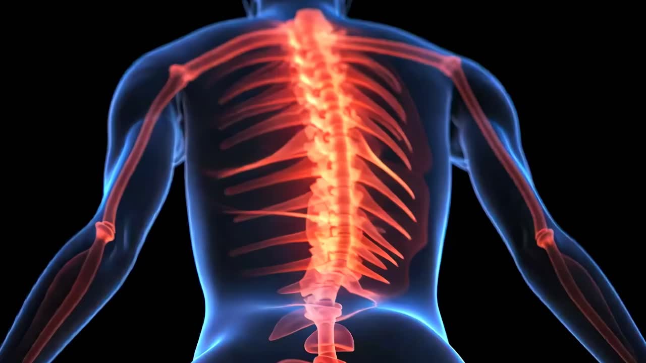 A digital video illustration of a human spine viewed from a rear angle, highlighting the skeletal