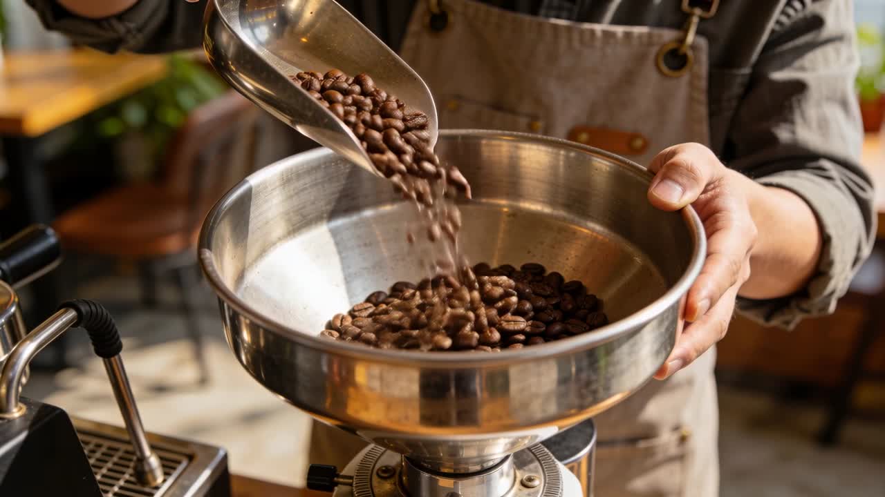 Barista che raccoglie e inclina il misurino, versando i chicchi tostati nella tramoggia d'acciaio per la macinatura del caffè.