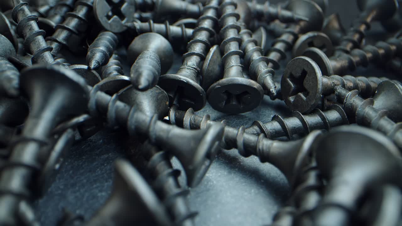 muchos tornillos de auto-tapeo cerca. herramientas de trabajo en el cajón y en la mesa. video macro.