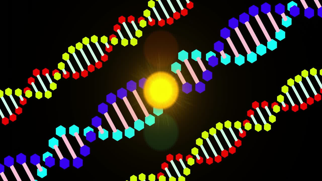 Glowing light in center of colorful DNA strands on black background animation