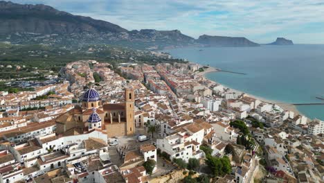 altea church, old town and coastline at costa blanca in spain - aerial 4k