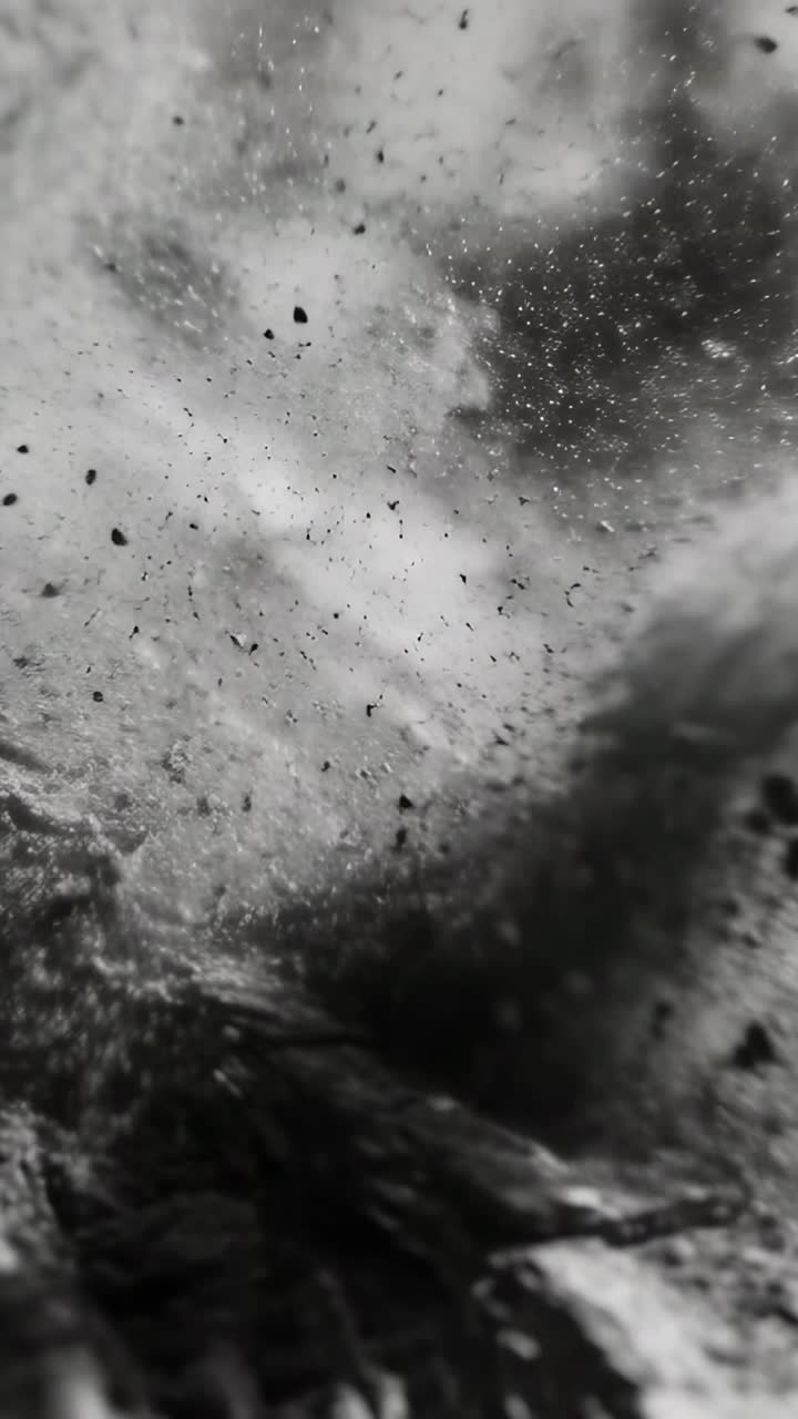 Vídeo vertical: Leito rochoso e pedra rachada tremendo, ejetando pedregulhos, poeira em encosta rochosa, com fumaça.