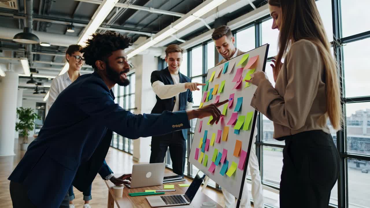 Dynamic video still of a diverse team brainstorming with sticky notes on a board