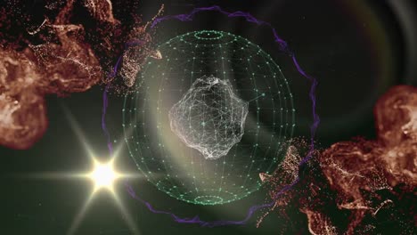 animación de un punto de luz que se mueve sobre ondas digitales rojas y un globo de red de conexiones