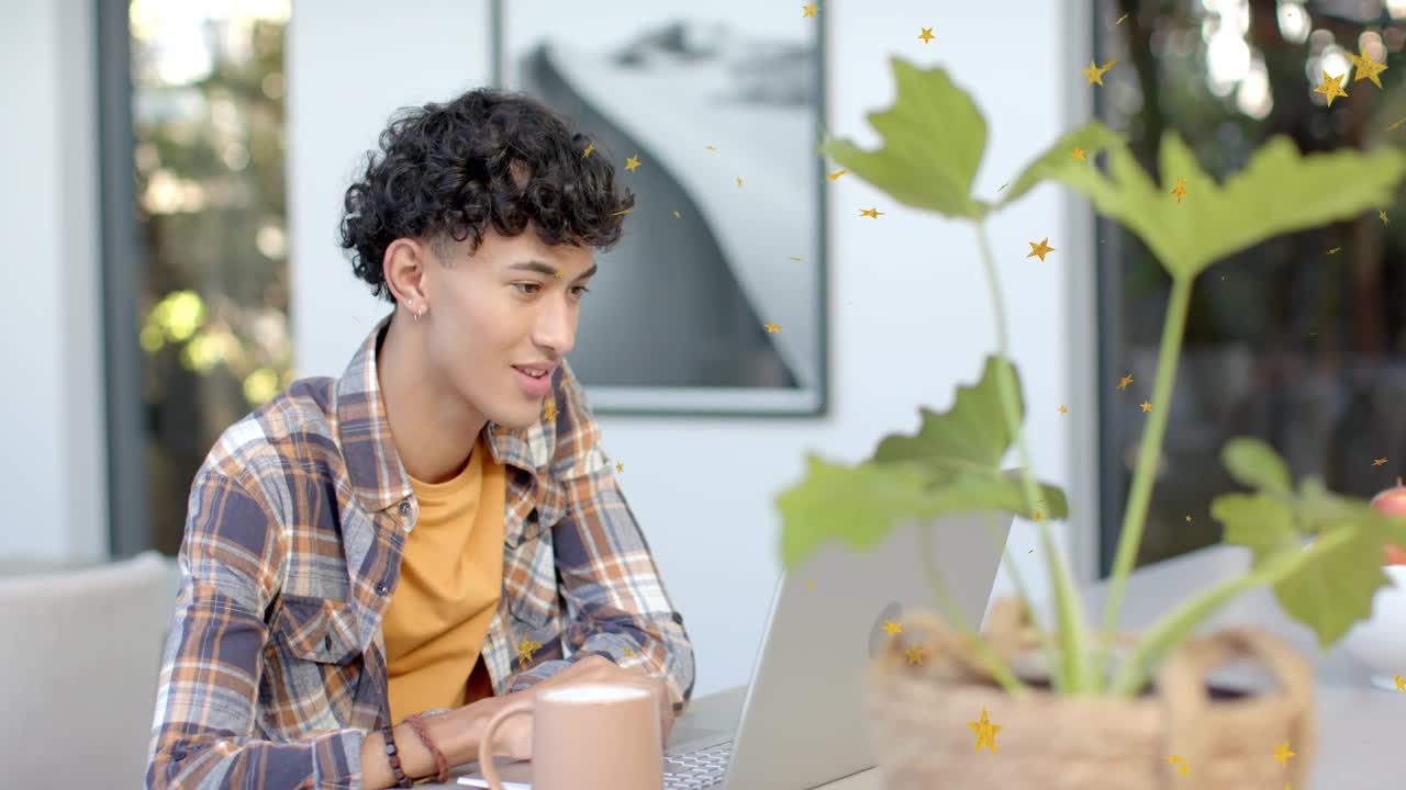 Man noticing message joining call on laptop for tech work leaning typing as stars overlaying laptop