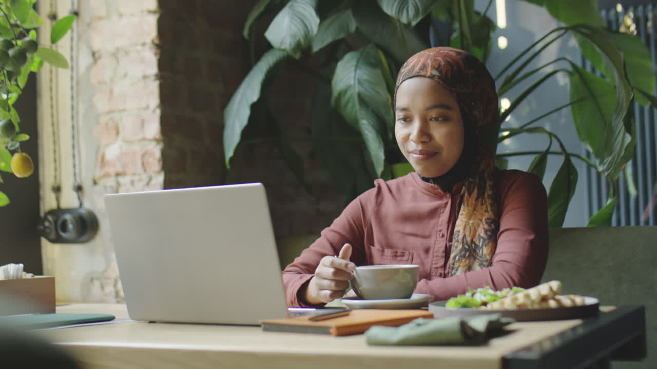 Businesswoman in Hijab Having Lunch in Cafe