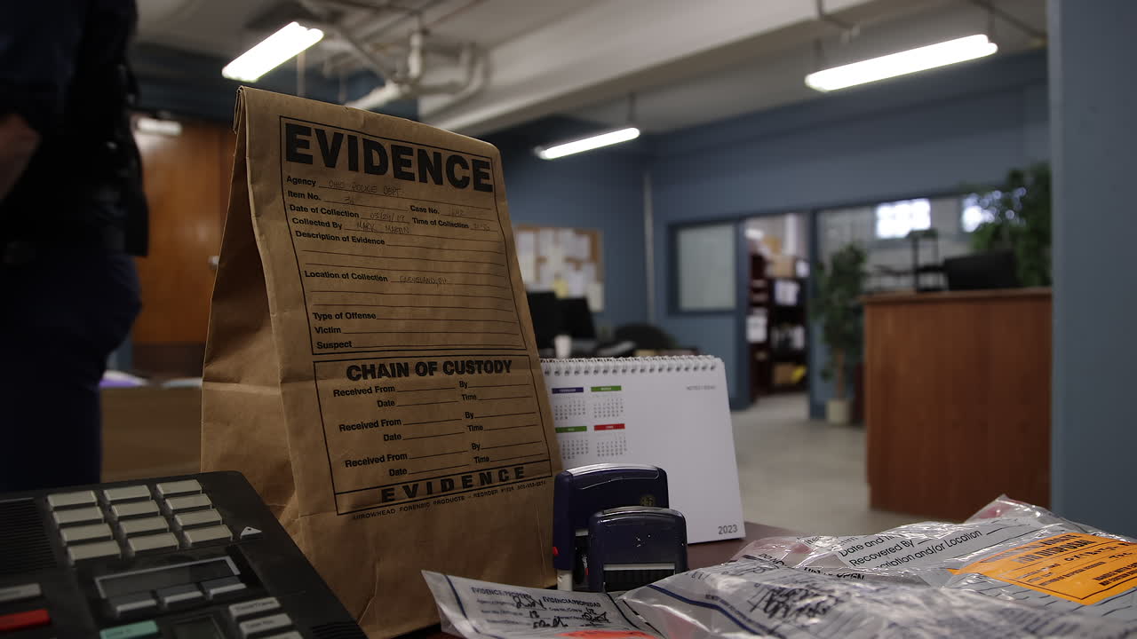 la bolsa de pruebas se aleja con el oficial de policía.