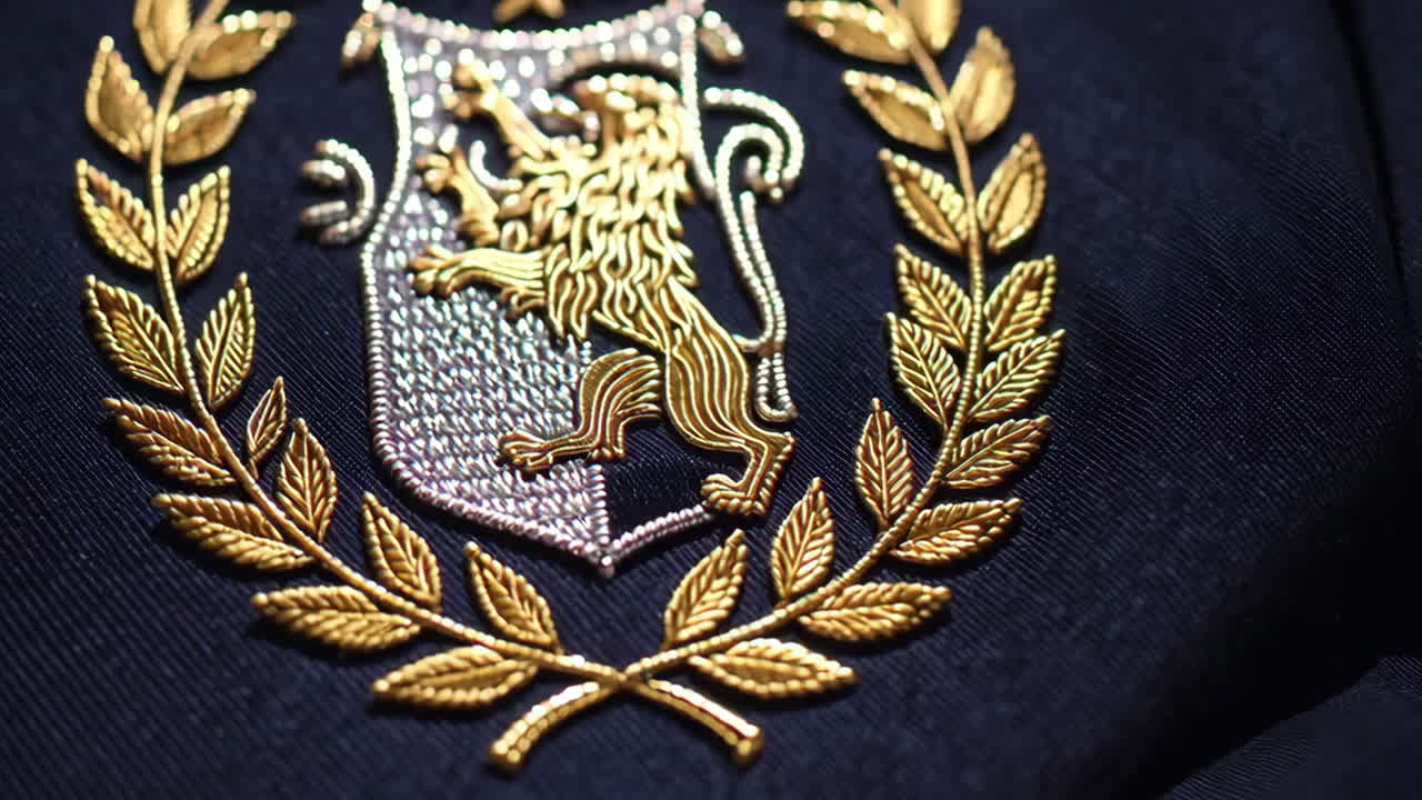 Detailed Embroidered Crest on Dark Fabric