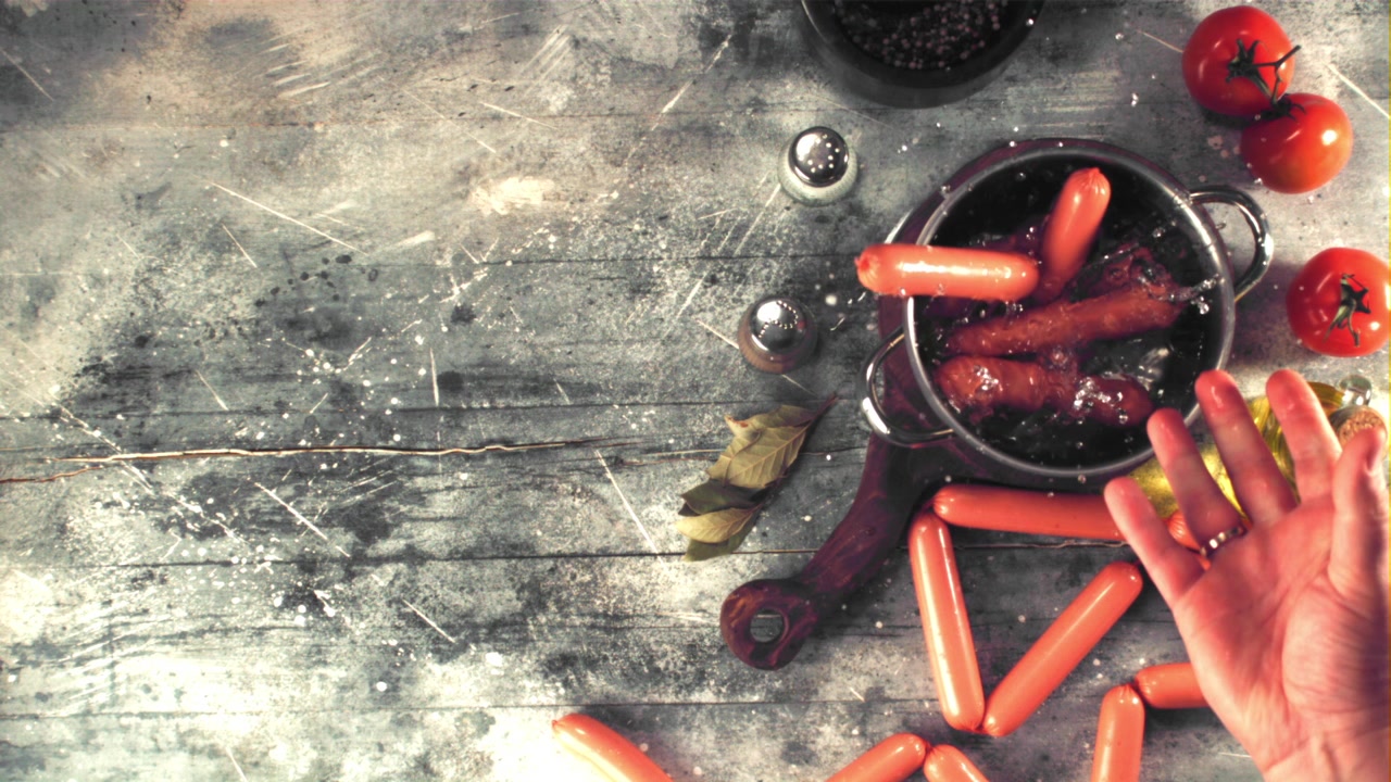 Hand Dropping Sausages into Boiling Water in Slow Motion