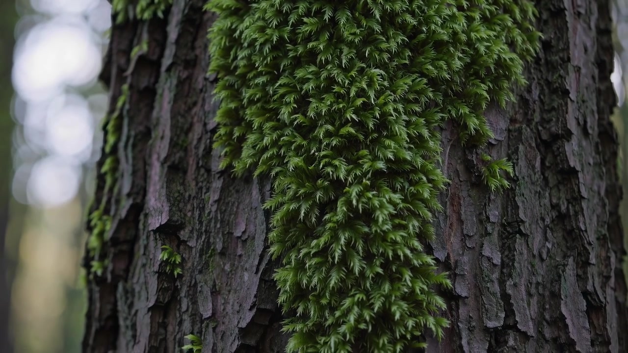 Muschio verde vibrante che cresce sulla corteccia di un albero in una foresta