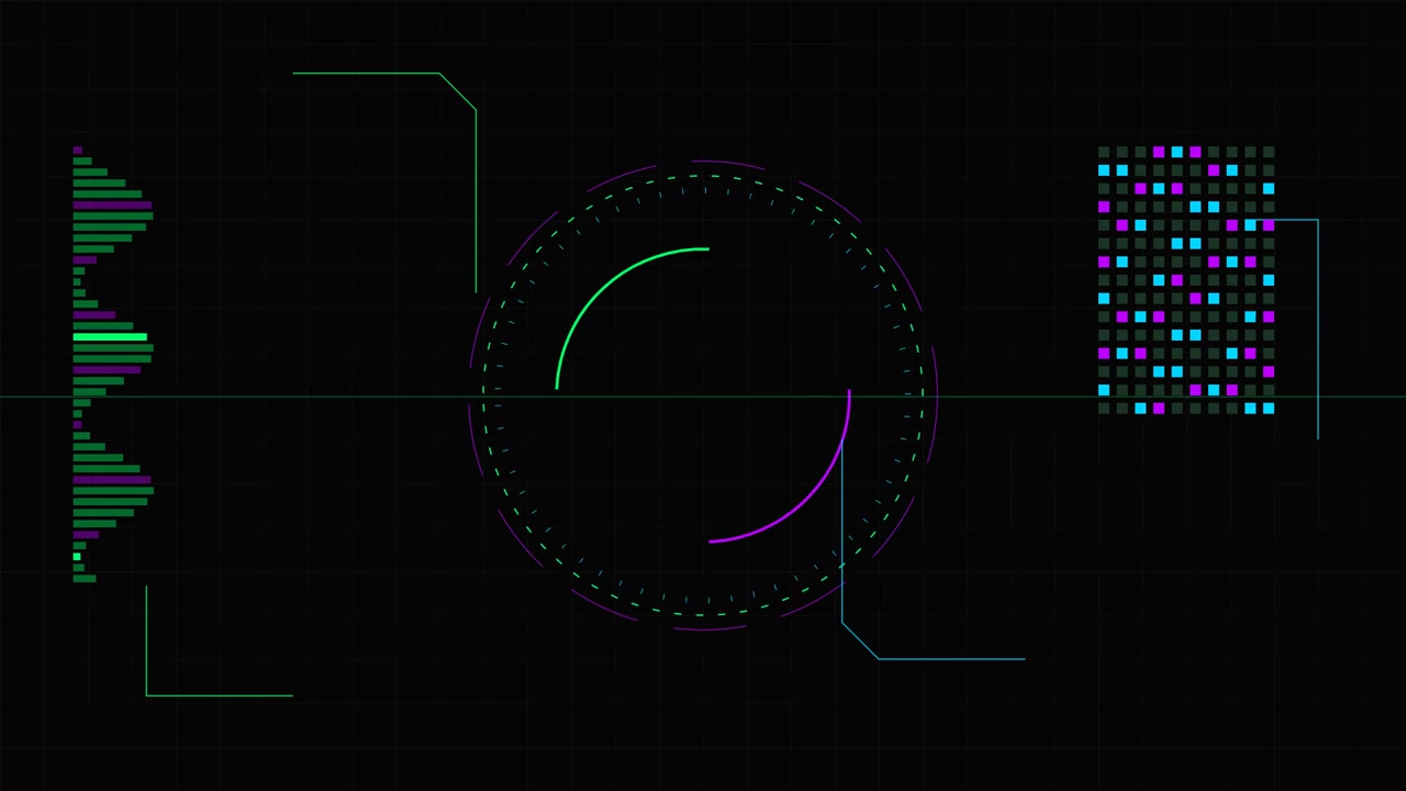 Futuristic Digital HUD Interface with Rotating Circular Data Visualization