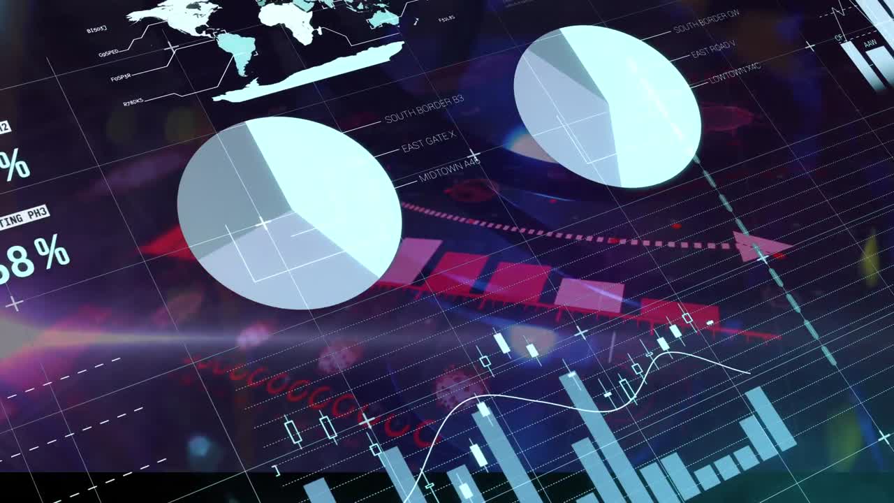Animation of hud interface with graphs and data over abstract background