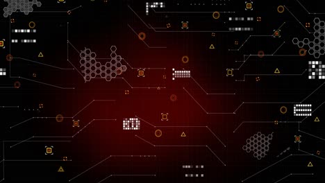 Animation-Von-Markierungen-Und-Datenverarbeitung-Auf-Rotem-Hintergrund