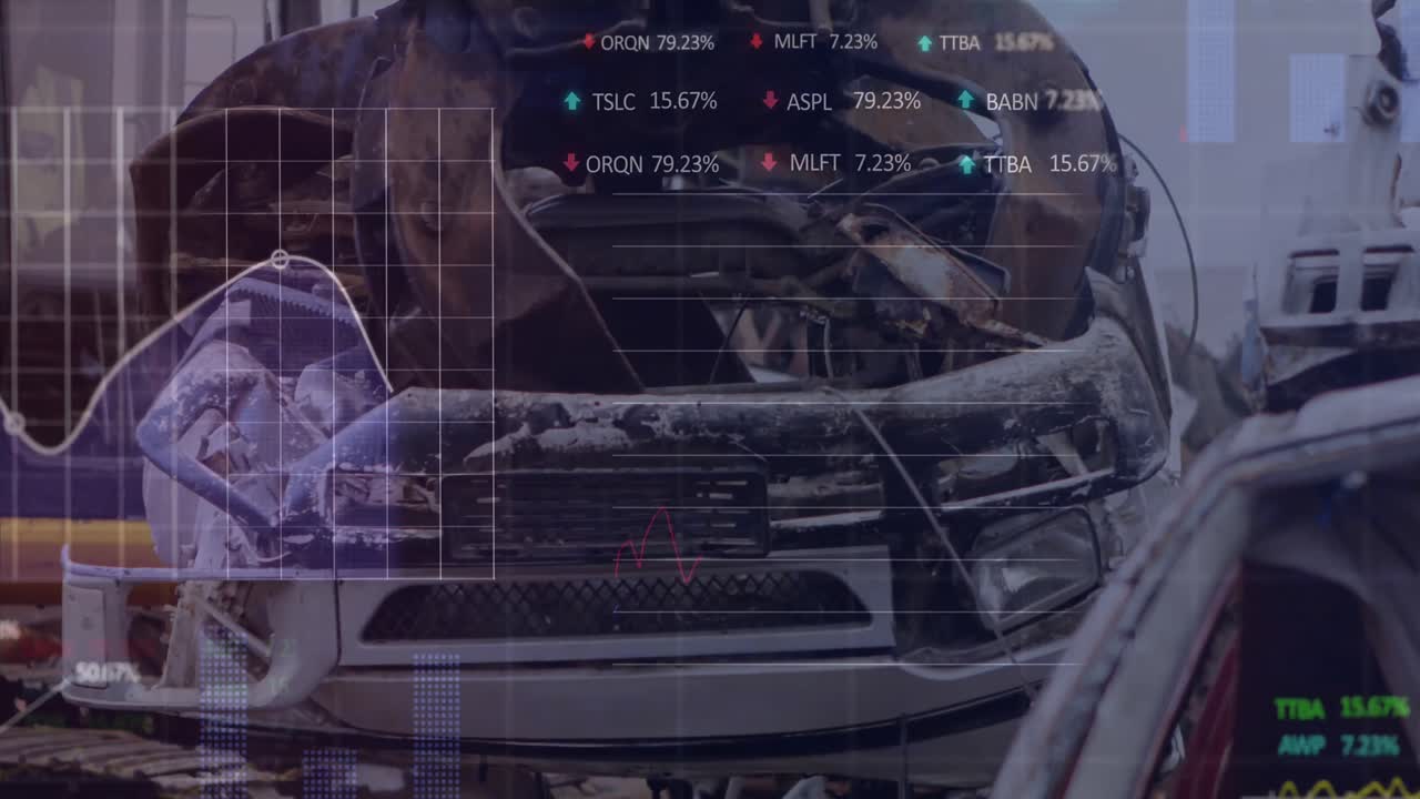 주식 시장 데이터 처리의 애니메이션은 쓰레기장에서 작동하는 크레인에 의해