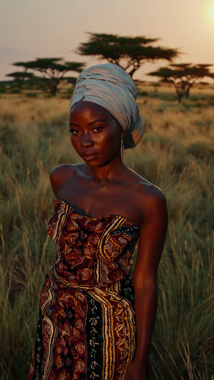 A serene video still of a woman in traditional attire, captured at sunset in a savannah landscape