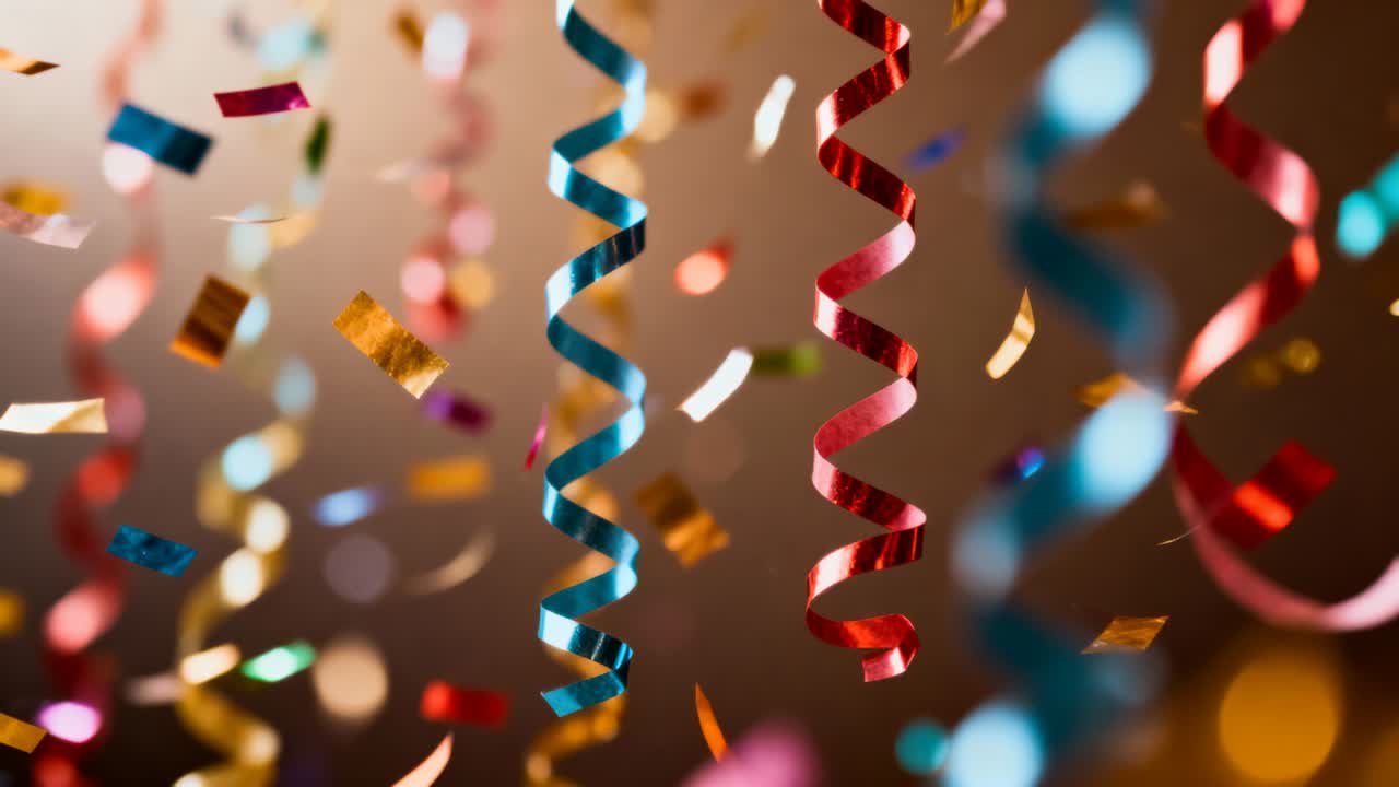 Cámara moviéndose mostrando cintas en espiral meciéndose en un cálido bokeh con confeti cayendo, creando un ambiente de fiesta.